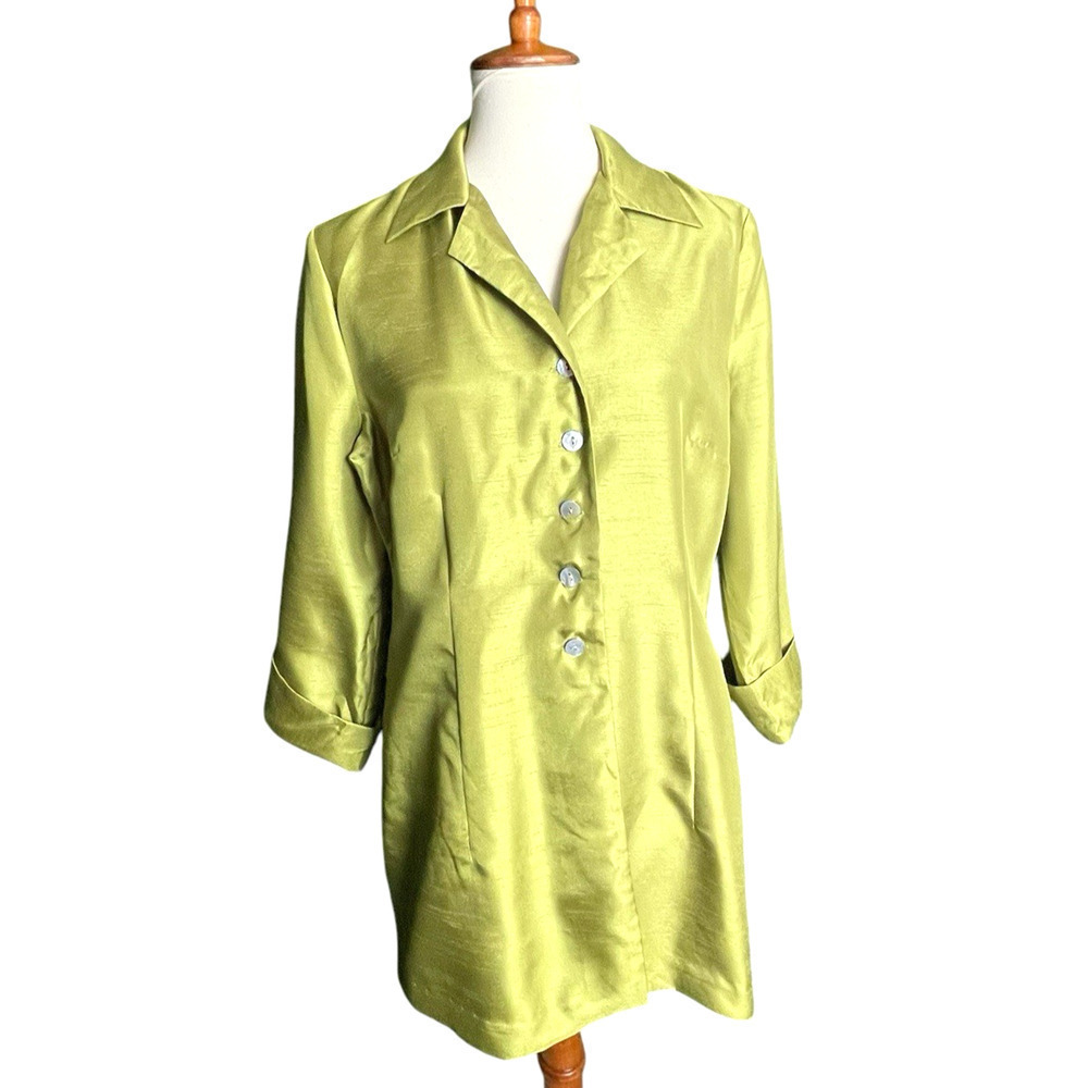 Studio C Green Button Down Blouse Women 12 Metallic Sheen Cuffed Sleeves Vintage